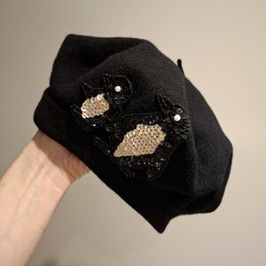 Parkhurst Women's Black Wool Basque Beret with Sequin & Pearl Penguins